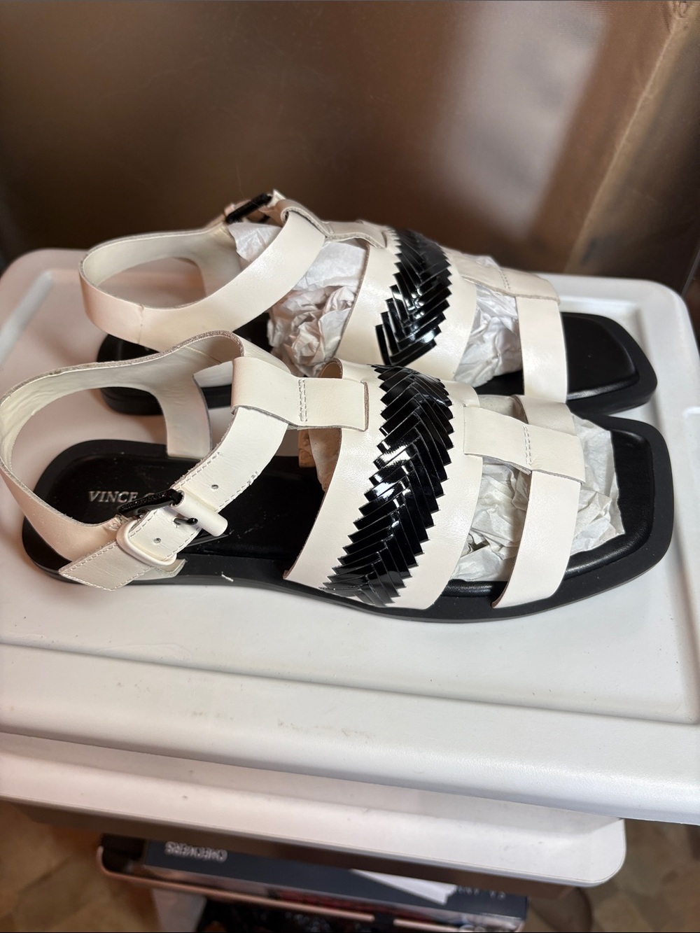 Vince Camuto Cream Leather Slingback Sandals with Black Chevron Accent
